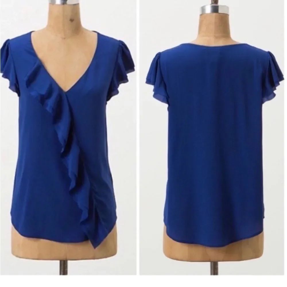 Maeve for Anthropologie royal blue silk ruffle top flutter sleeves small